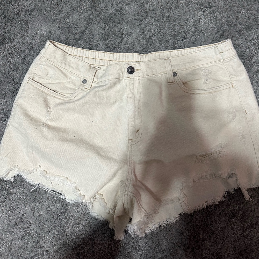 Aerie Cream Distressed Jean Shorts Raw Hem